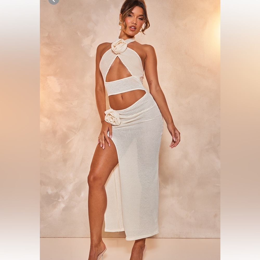 PrettyLittleThing Cream Rose Detail Halterneck Knit Midi Dress